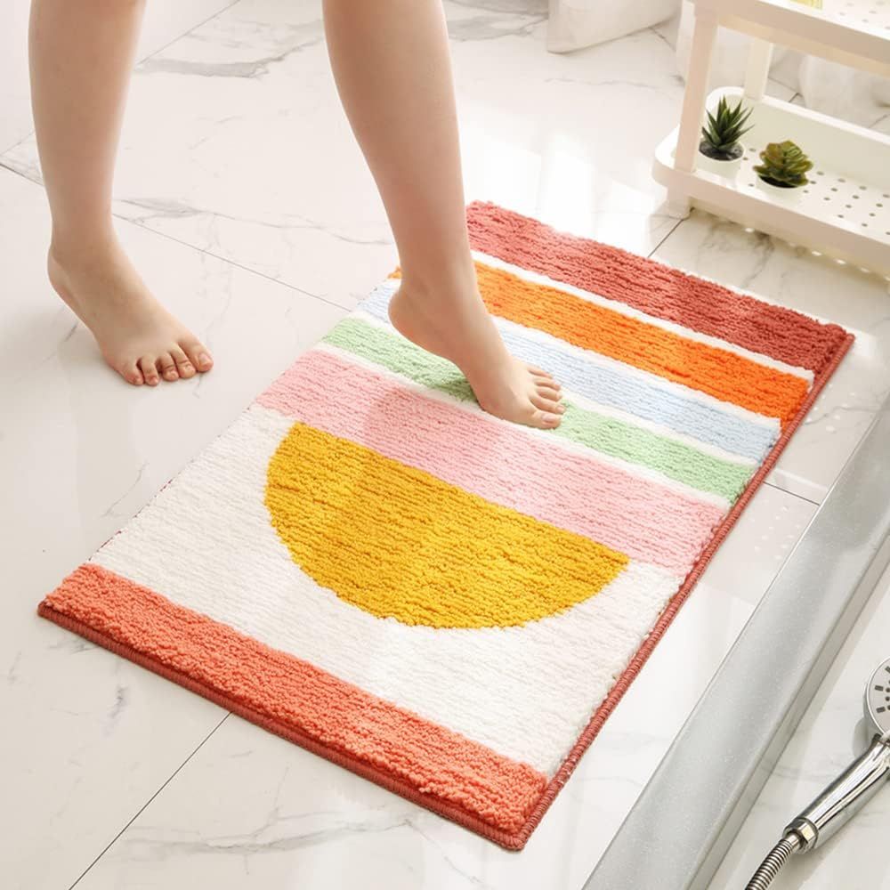Vibrant Comfort | Non-Slip Bath Mat in Rainbow Sunset Design | Soft Microfiber for Safety and Style 1