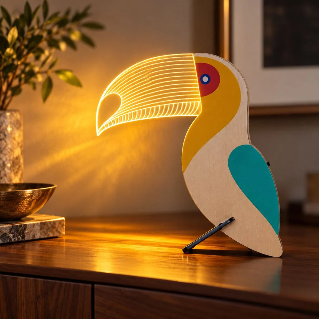 Wooden Animal Table Lamp with Illuminated Acrylic Details – Decorative Bedside Lamp in Toucan, Wolf, Whale, Pelican Designs 0