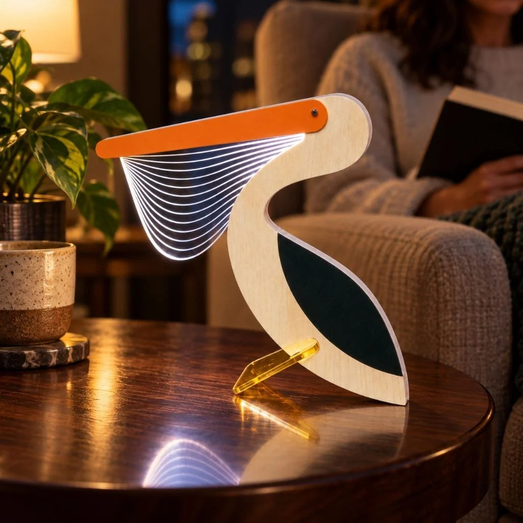 Wooden Animal Table Lamp with Illuminated Acrylic Details – Decorative Bedside Lamp in Toucan, Wolf, Whale, Pelican Designs 1