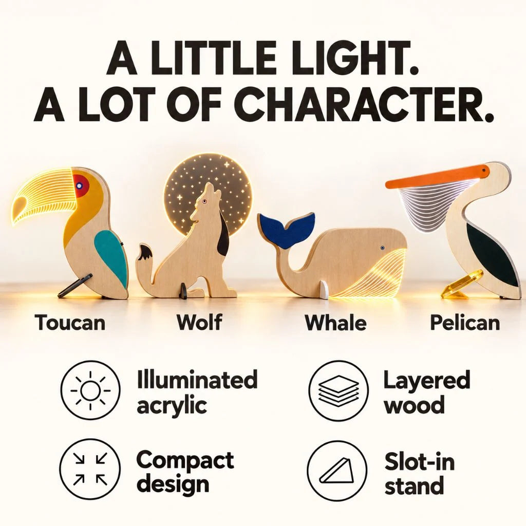 Wooden Animal Table Lamp with Illuminated Acrylic Details – Decorative Bedside Lamp in Toucan, Wolf, Whale, Pelican Designs 2