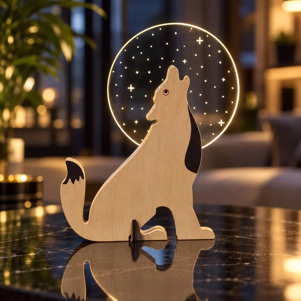 Wooden Animal Table Lamp with Illuminated Acrylic Details – Decorative Bedside Lamp in Toucan, Wolf, Whale, Pelican Designs 3