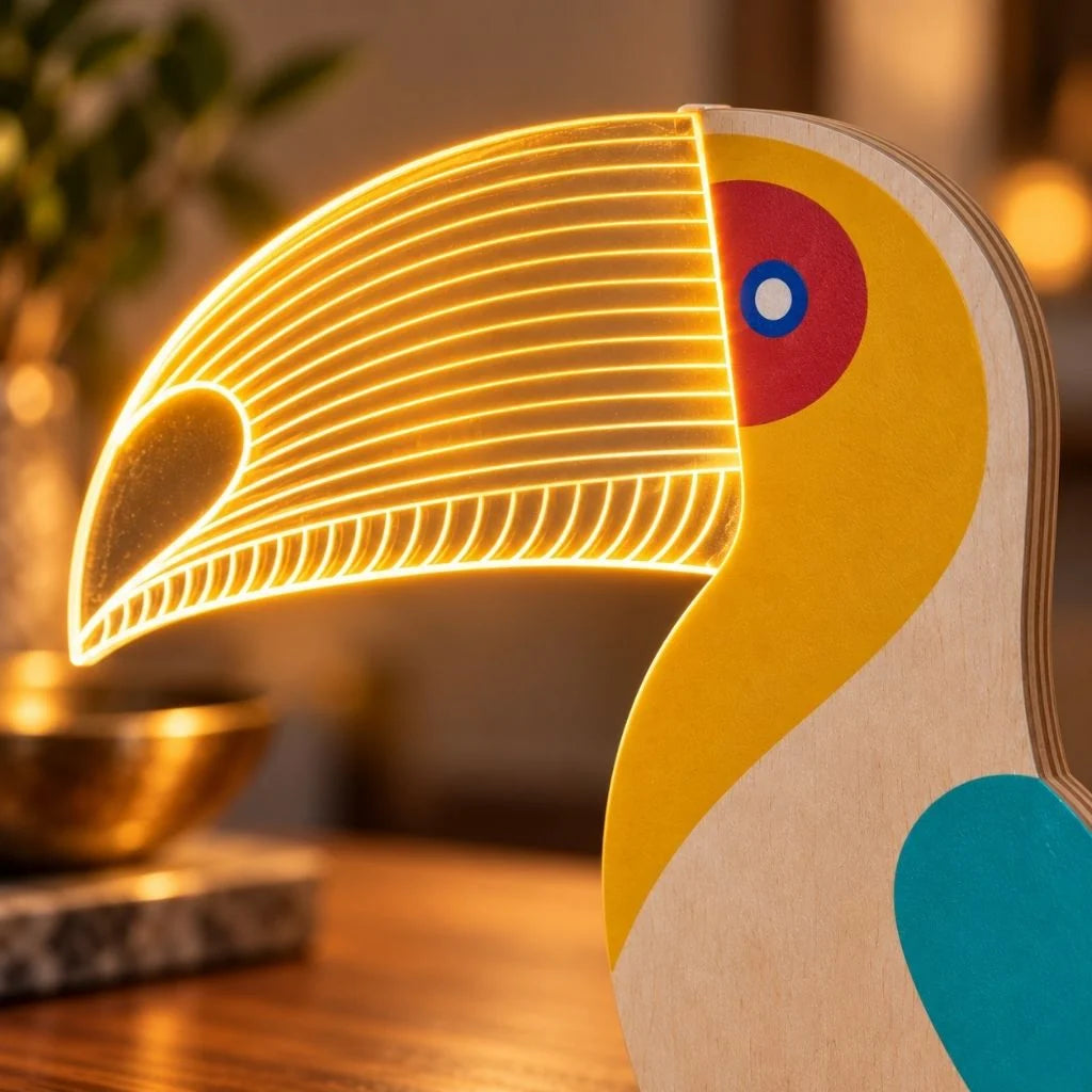 Wooden Animal Table Lamp with Illuminated Acrylic Details – Decorative Bedside Lamp in Toucan, Wolf, Whale, Pelican Designs 5