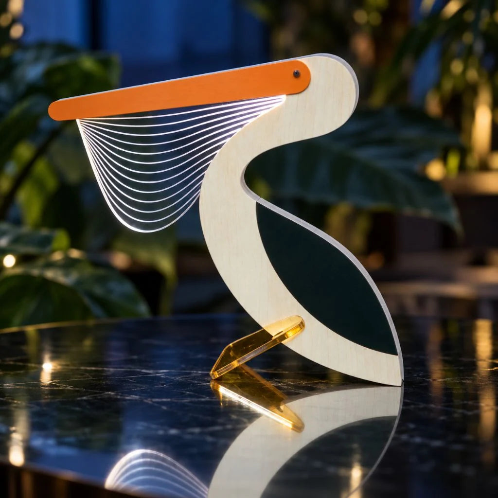 Wooden Animal Table Lamp with Illuminated Acrylic Details – Decorative Bedside Lamp in Toucan, Wolf, Whale, Pelican Designs 7