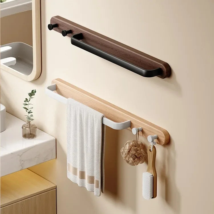 Wooden Wall-Mounted Towel Rail with Integrated Hooks – Modern Bathroom Storage Solution in Warm Wood Finish 3