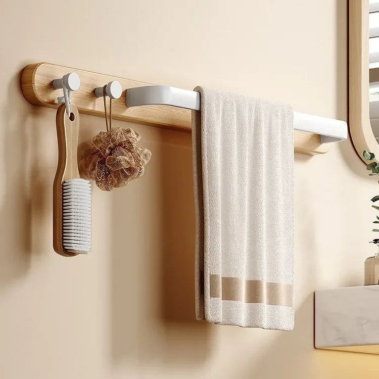 Wooden Wall-Mounted Towel Rail with Integrated Hooks – Modern Bathroom Storage Solution in Warm Wood Finish 4