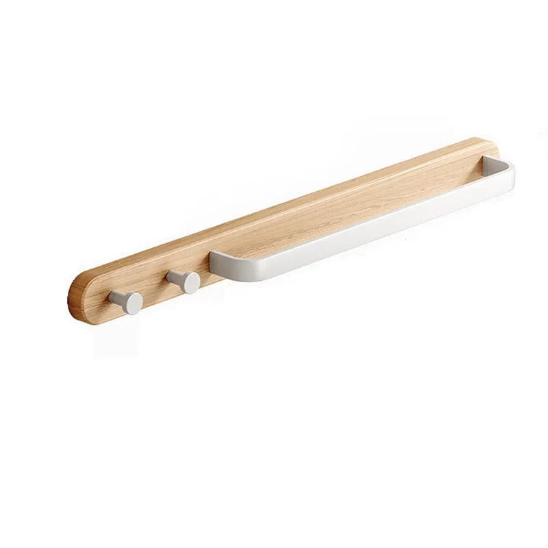 Wooden Wall-Mounted Towel Rail with Integrated Hooks – Modern Bathroom Storage Solution in Warm Wood Finish 5