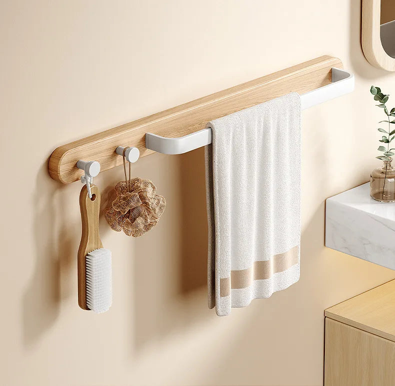 Wooden Wall-Mounted Towel Rail with Integrated Hooks – Modern Bathroom Storage Solution in Warm Wood Finish 6