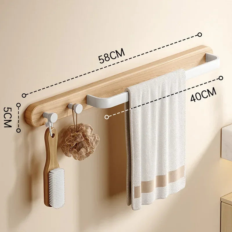 Wooden Wall-Mounted Towel Rail with Integrated Hooks – Modern Bathroom Storage Solution in Warm Wood Finish 7