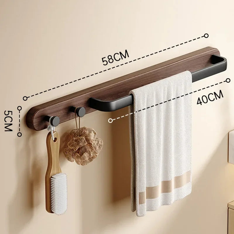 Wooden Wall-Mounted Towel Rail with Integrated Hooks – Modern Bathroom Storage Solution in Warm Wood Finish 8