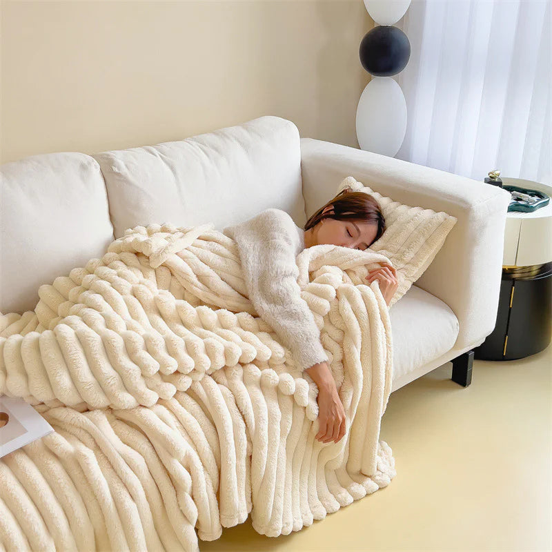 HESTIA Cozy Ribbed Throw Blanket | Ultra-Soft Coral Fleece for Home & Travel