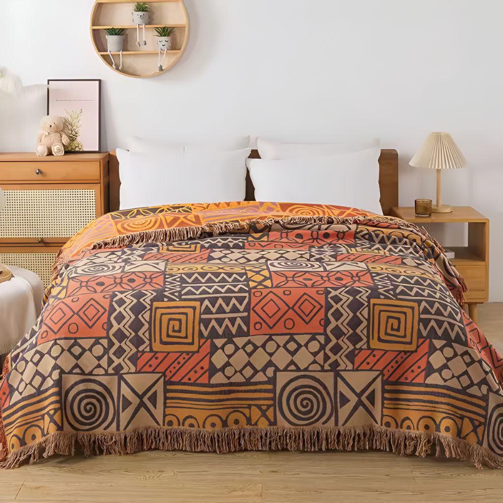 Zara Reversible Cotton Blanket with Tribal Patchwork and Tassel Fringe 1