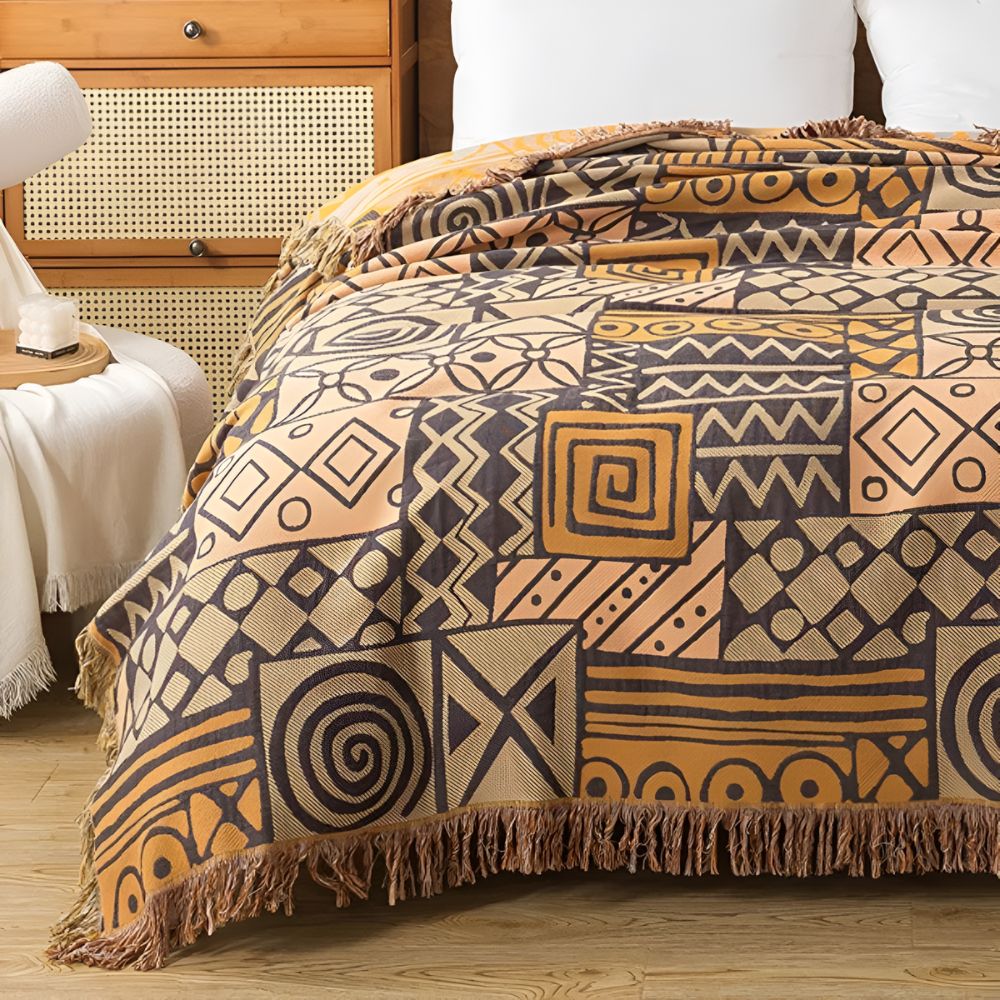 Zara Reversible Cotton Blanket with Tribal Patchwork and Tassel Fringe 2