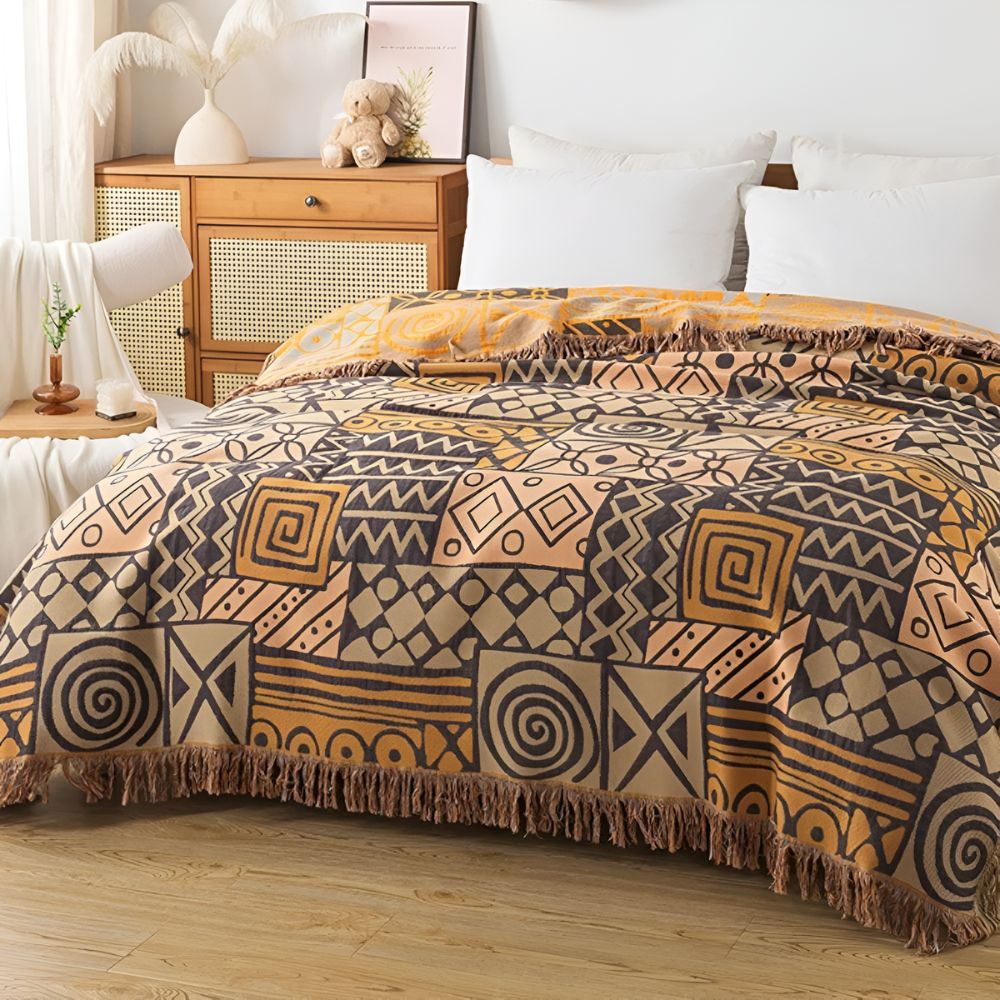 Zara Reversible Cotton Blanket with Tribal Patchwork and Tassel Fringe 3