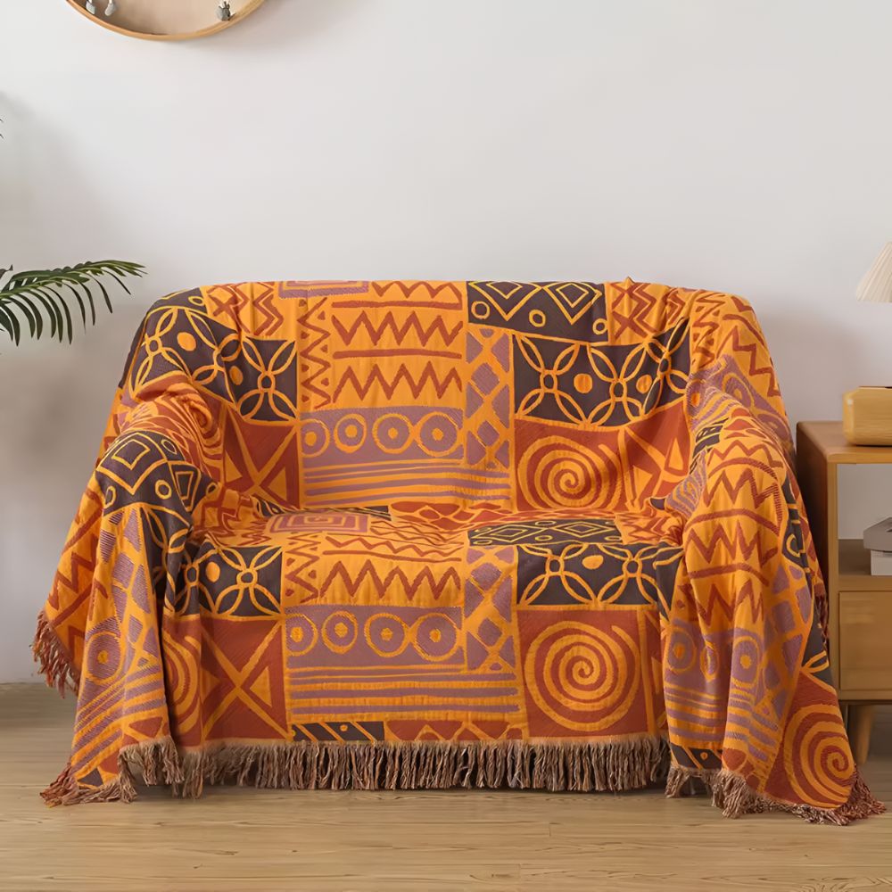 Zara Reversible Cotton Blanket with Tribal Patchwork and Tassel Fringe 6