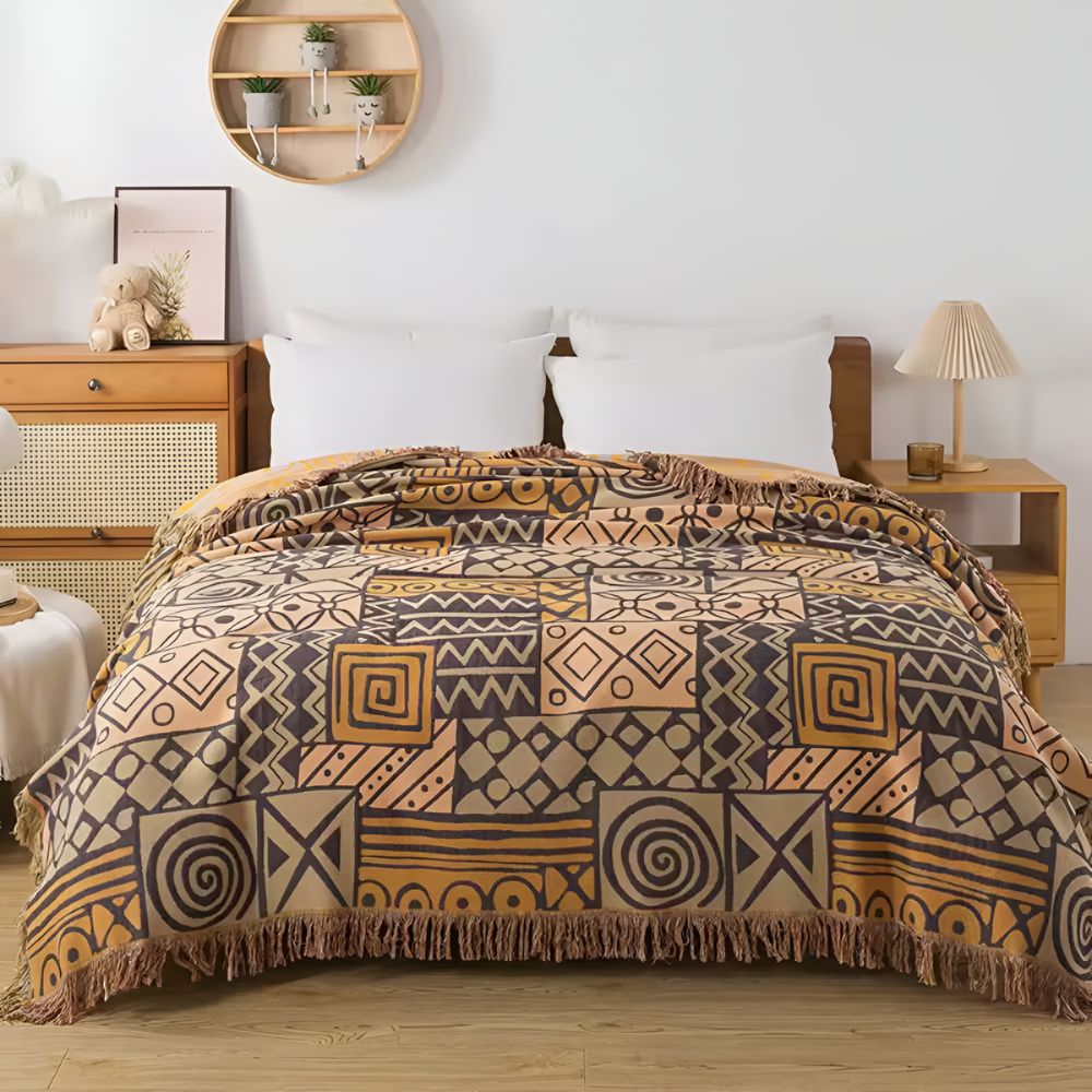 Zara Reversible Cotton Blanket with Tribal Patchwork and Tassel Fringe 8