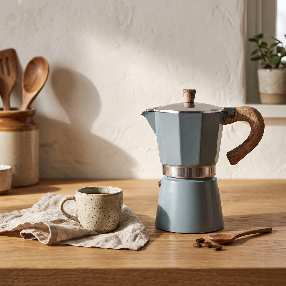 Azzurro powder blue moka pot on an oak kitchen counter with a ceramic espresso cup