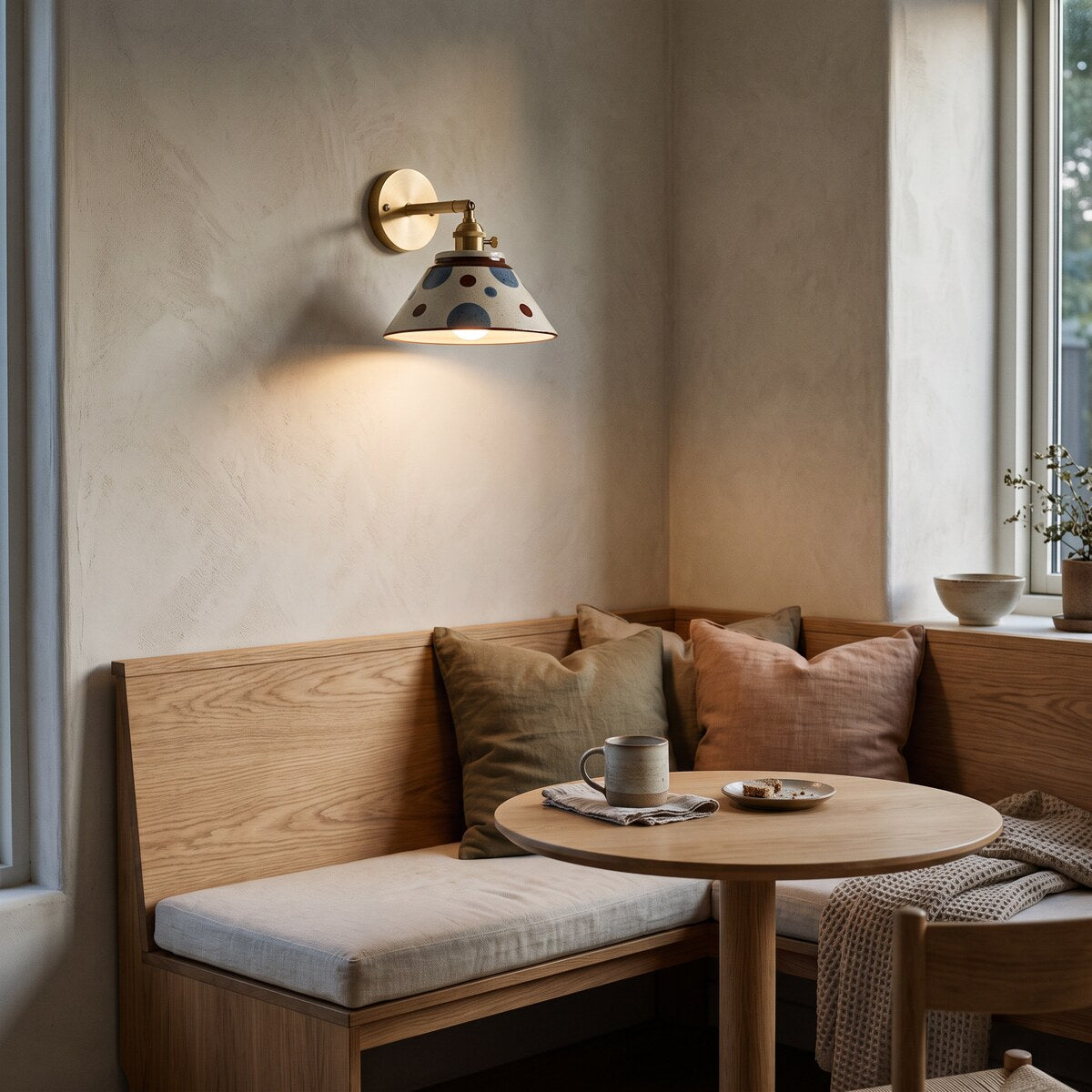 Birk ceramic wall light in Polka above a cosy oak breakfast nook