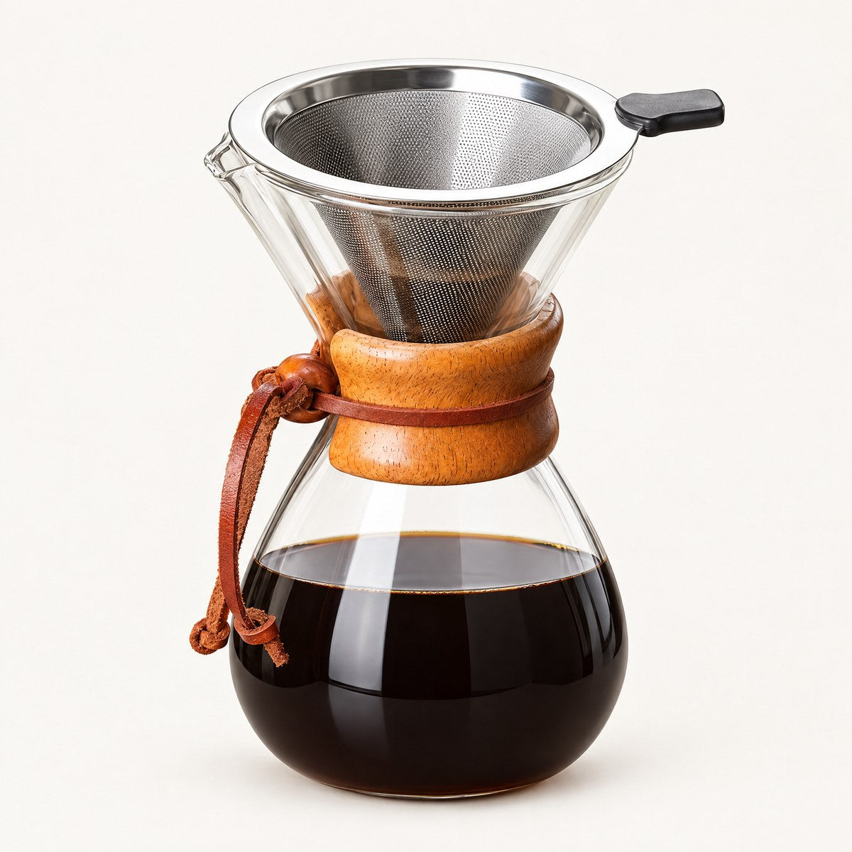 Brio hourglass glass pour-over coffee maker with filter cone on white background