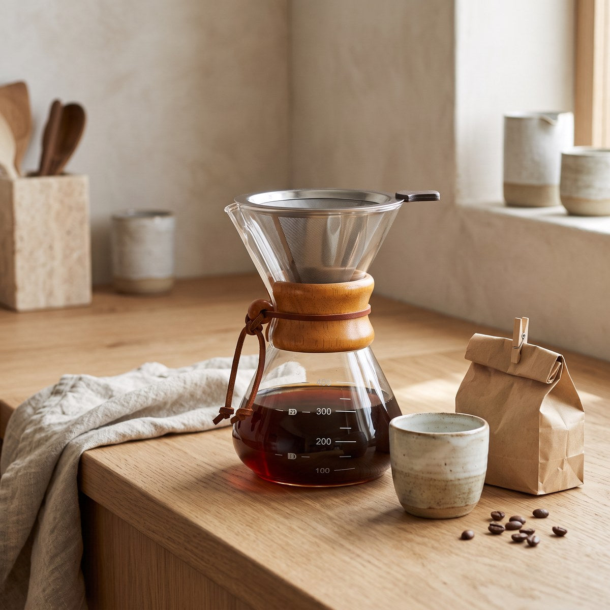 Brio glass pour-over coffee maker on an oak kitchen counter in morning light