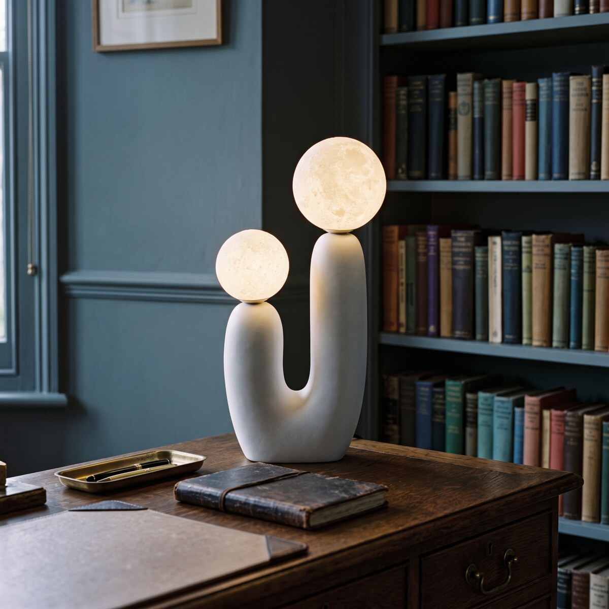 Cacti chalk white table lamp with moon shades on a writing desk in a blue-grey study