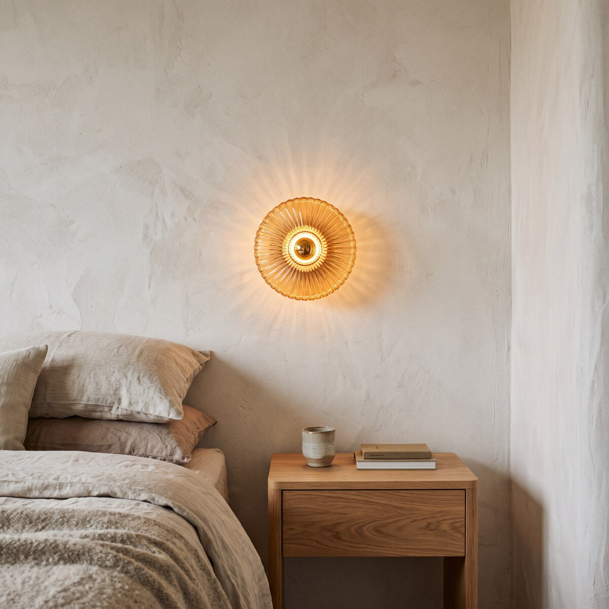 Dahlia amber glass wall light beside a bed with an oak bedside table