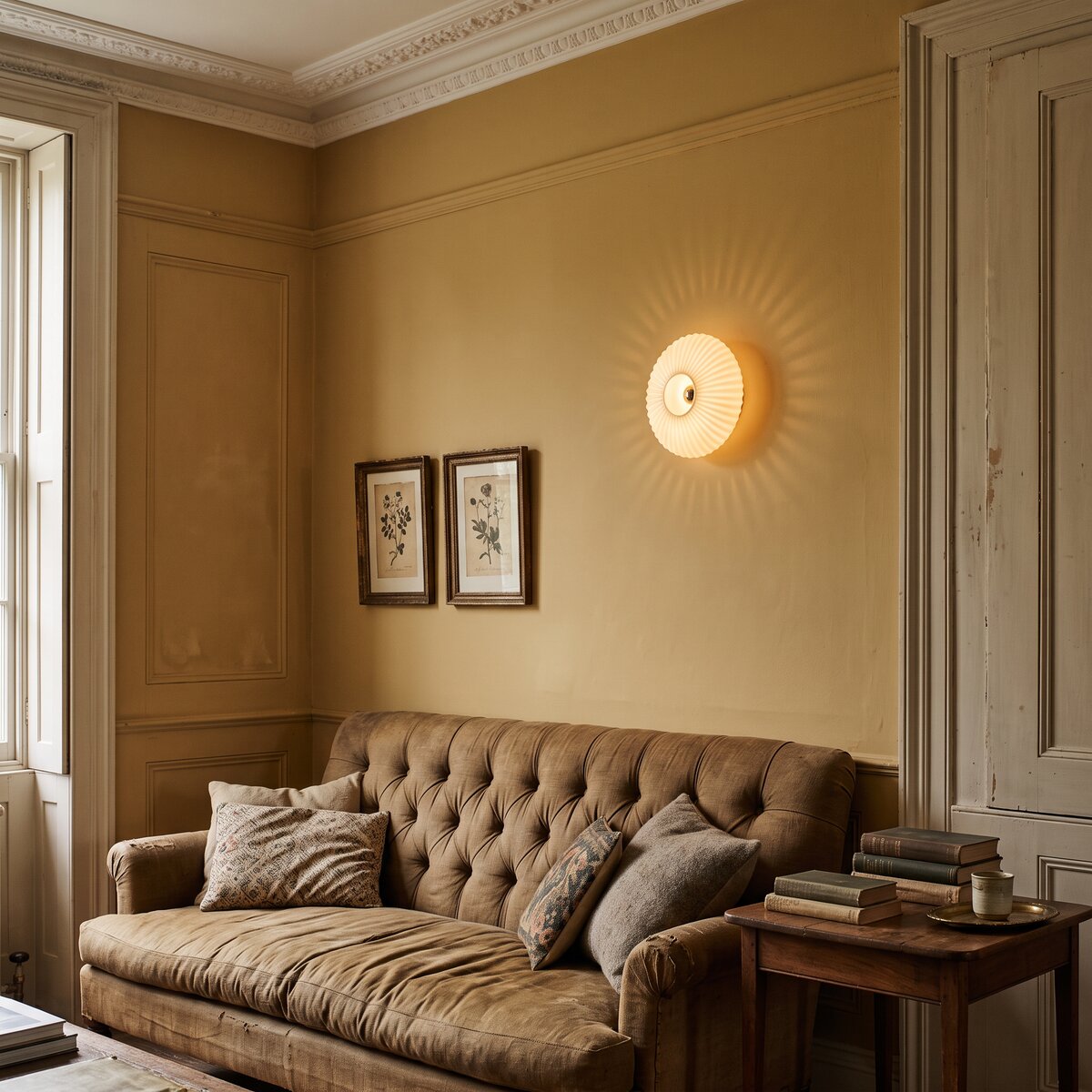 Dahlia milky white glass wall light on an ochre wall above a button-back sofa