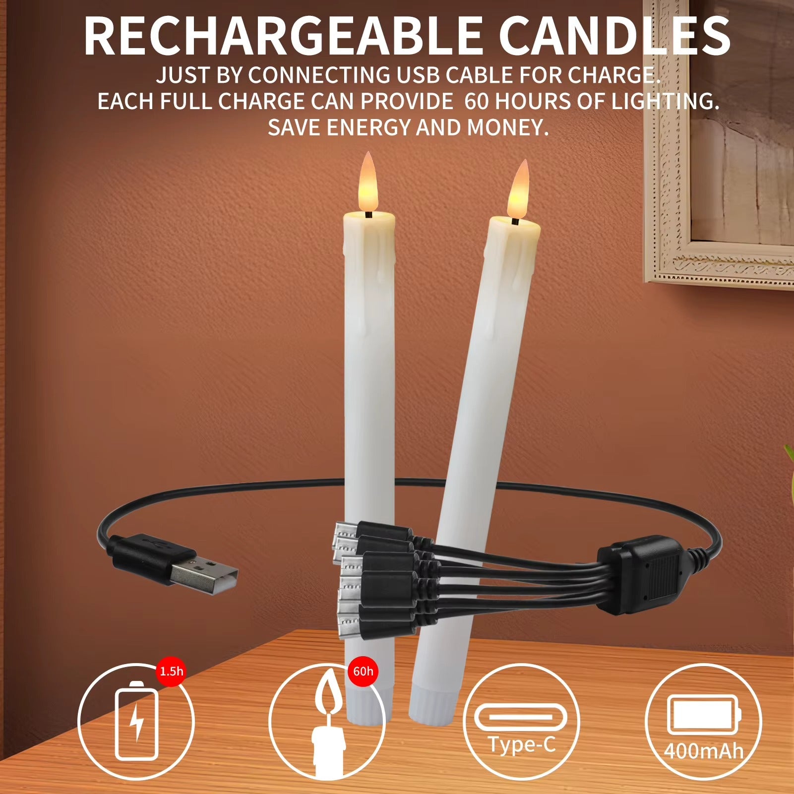 Flicka Rechargeable Taper Candles | Set of 6 Battery-Operated LED Candles for Christmas, Halloween, Dinner Parties - Styyler