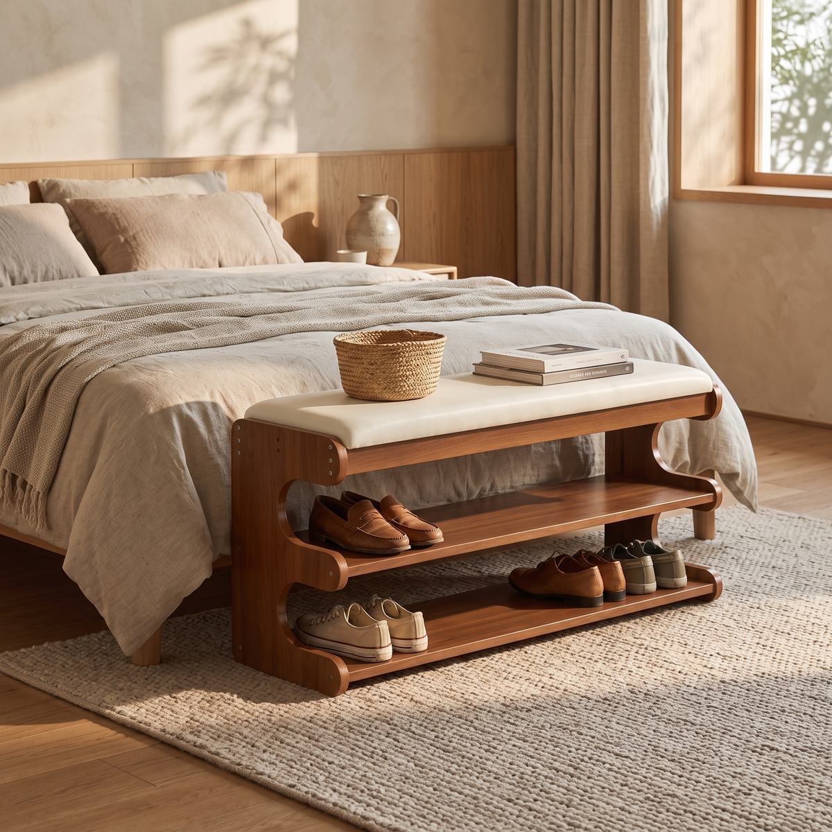 Dorvyn bamboo shoe bench at the foot of a linen bed in a sunlit bedroom