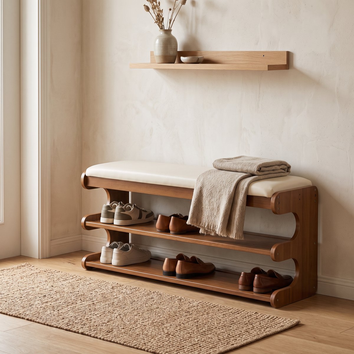 Dorvyn bamboo shoe bench with padded seat and shoes on its shelves in a calm hallway