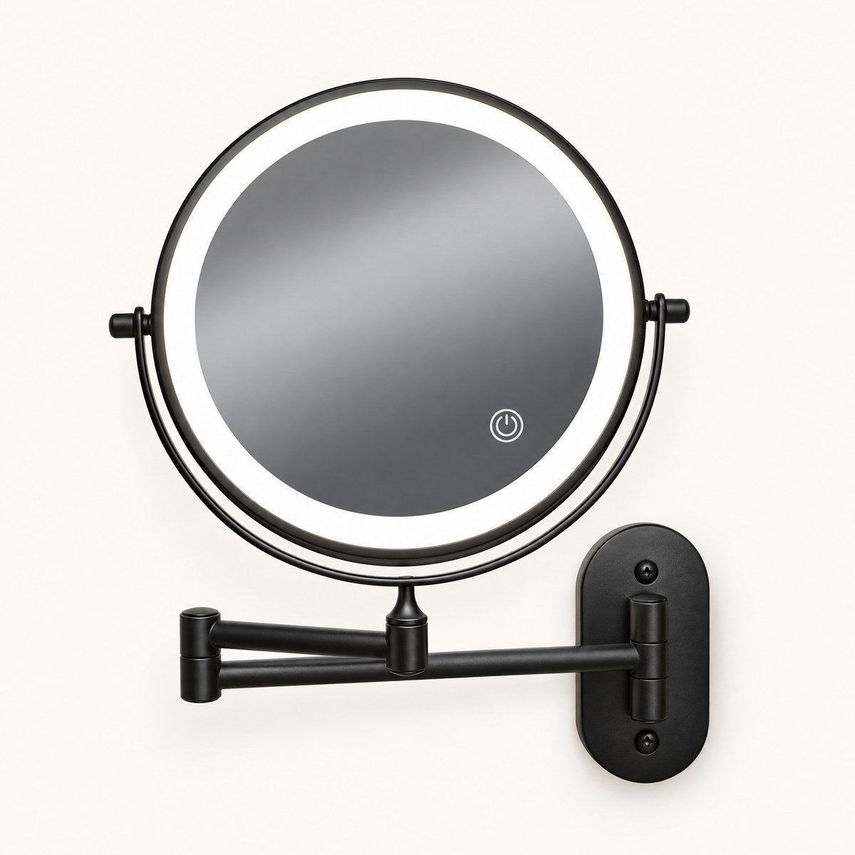 Ebon black LED magnifying makeup mirror with extendable arm on a white wall