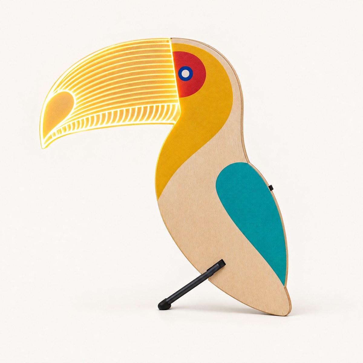 Fauna wooden toucan table lamp with glowing acrylic beak on white background