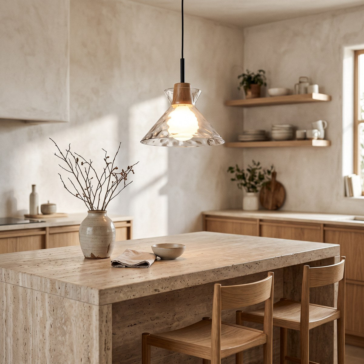 Fjord cone pendant light glowing above a travertine kitchen island with oak stools