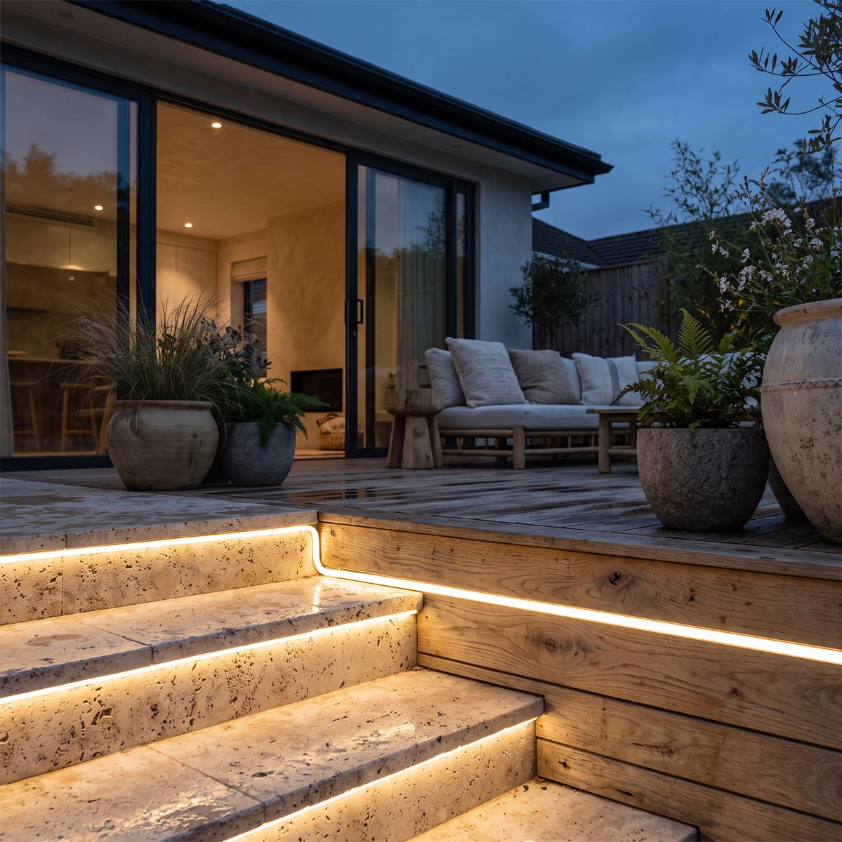 Flux LED rope light glowing under travertine garden steps and an oak deck at dusk
