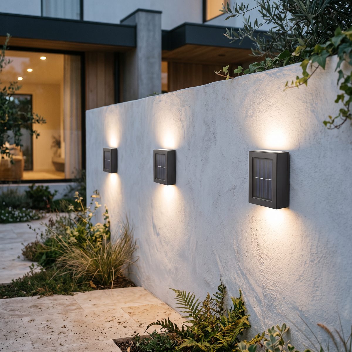Three Glint solar up and down wall lights glowing on a limewashed garden wall at dusk