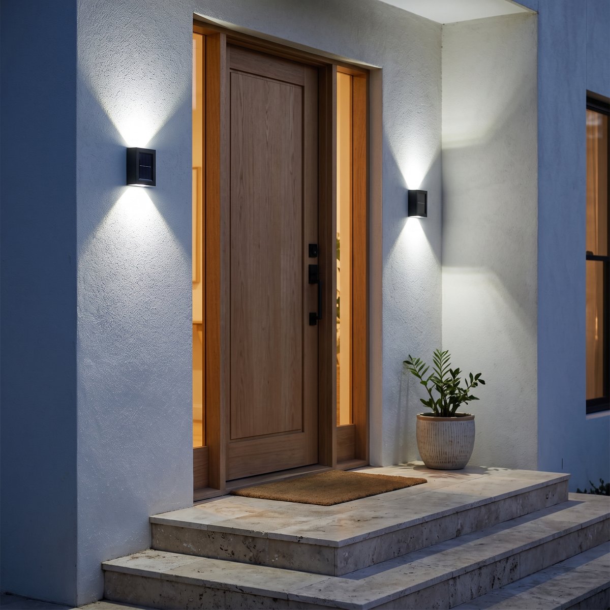 Two Glint cool white solar wall lights either side of a front door at dusk