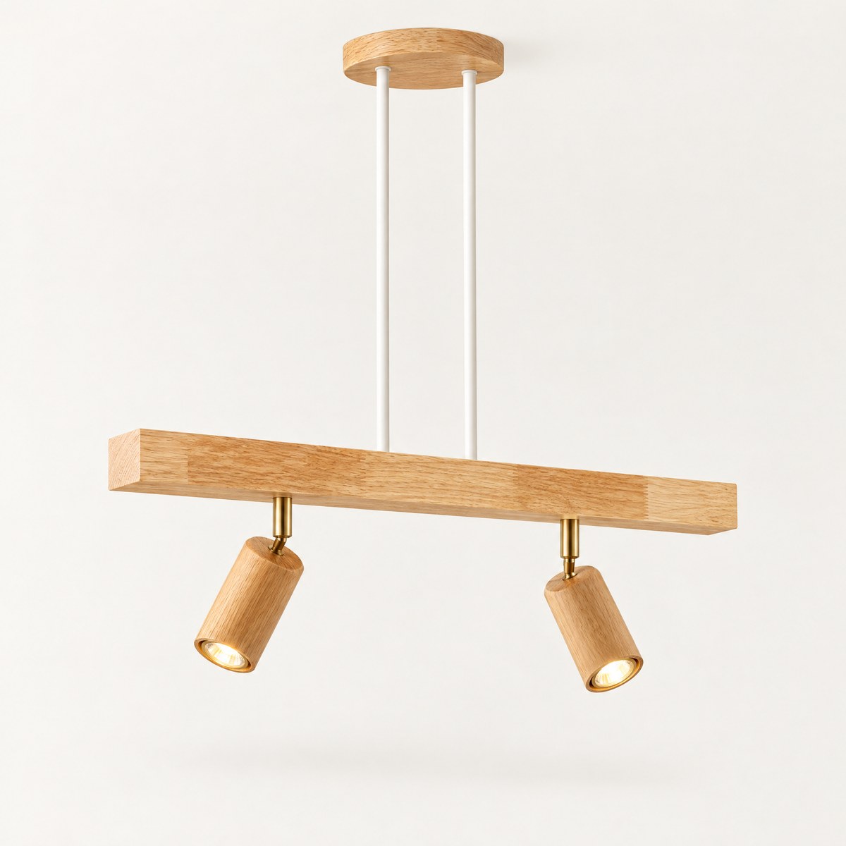 Holt suspended oak spotlight bar with two adjustable heads on drop rods