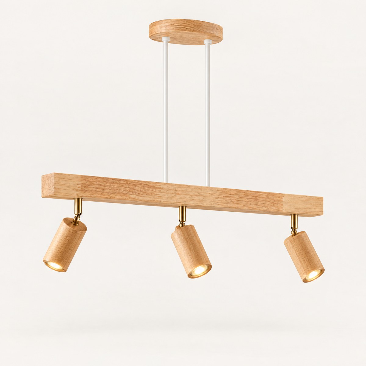Holt suspended oak spotlight bar with three adjustable heads on drop rods