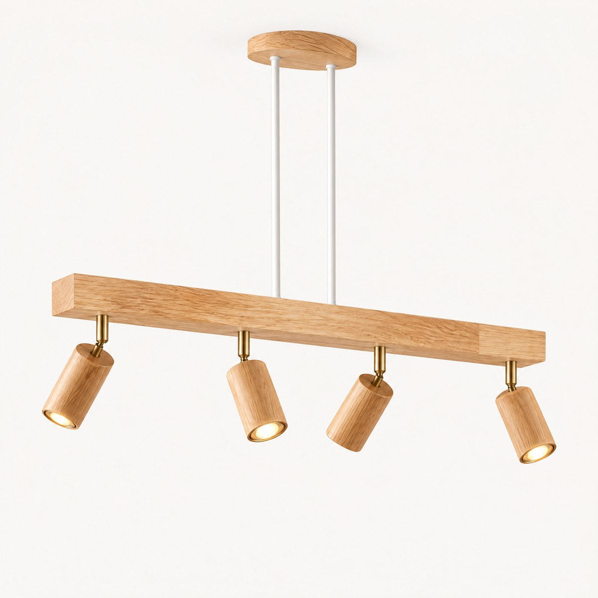 Holt suspended oak spotlight bar with four adjustable heads on drop rods
