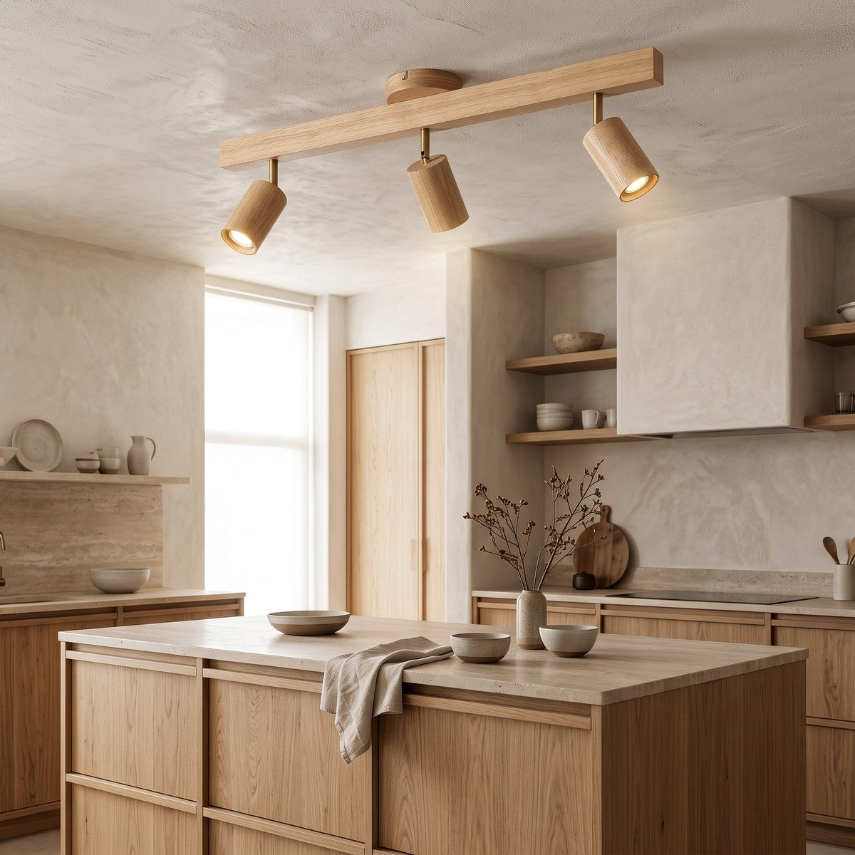 Holt oak ceiling spotlight lighting an oak kitchen island