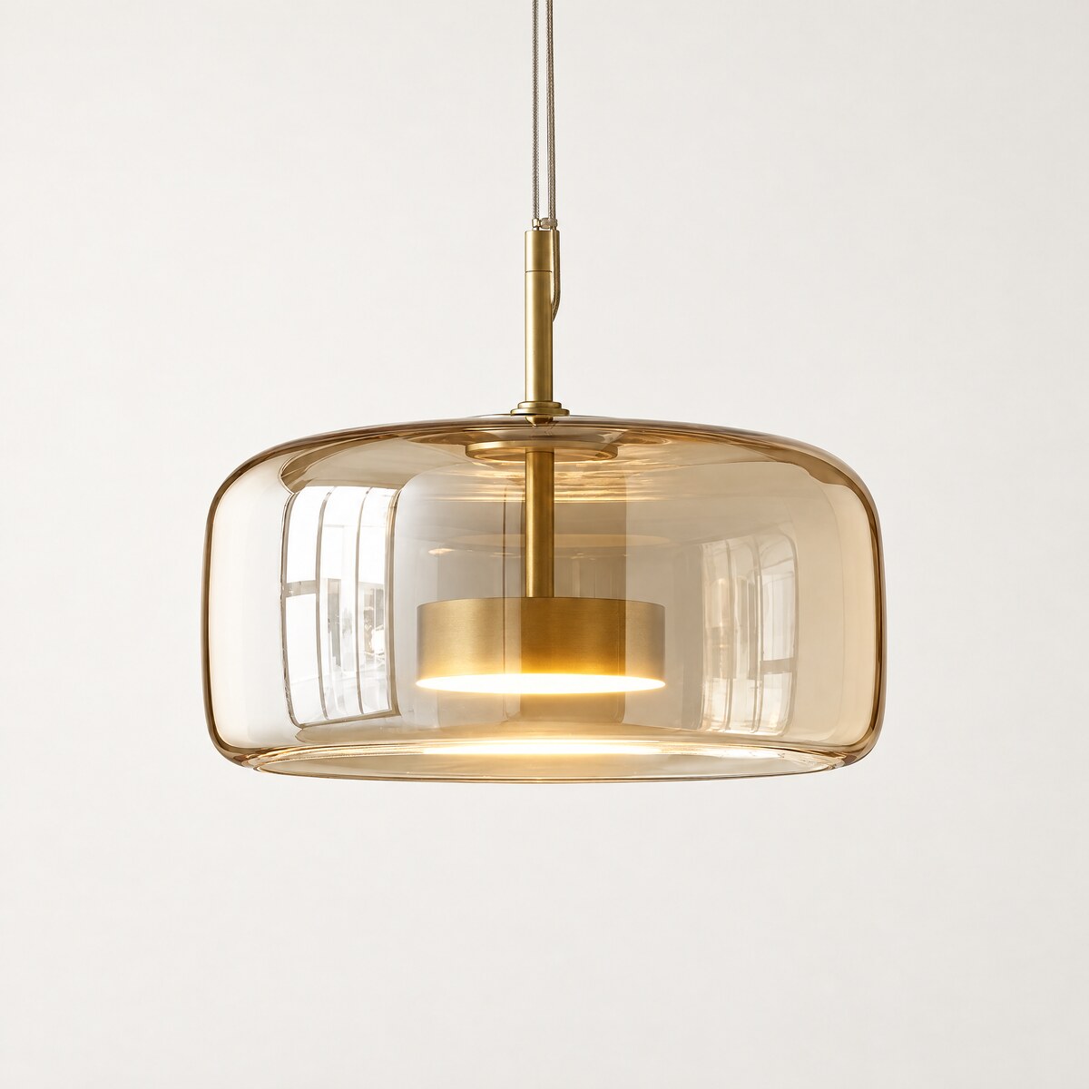 Kelda amber glass drum pendant light, 35cm, with brass LED disc