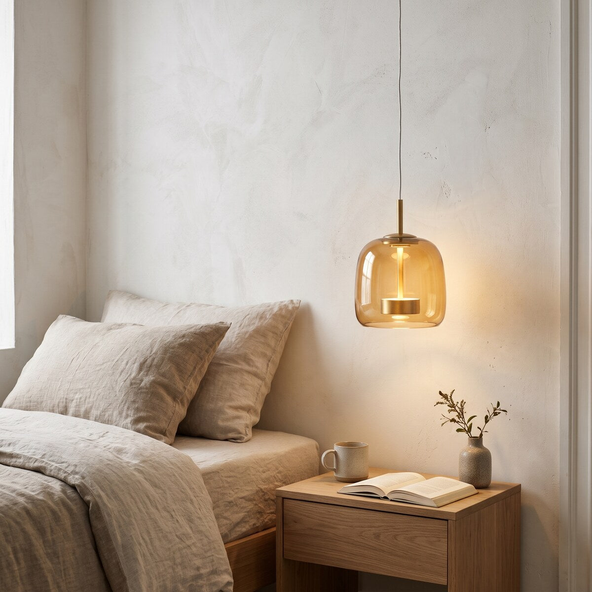 Kelda amber glass pendant light, 15cm bell, used as a bedside light