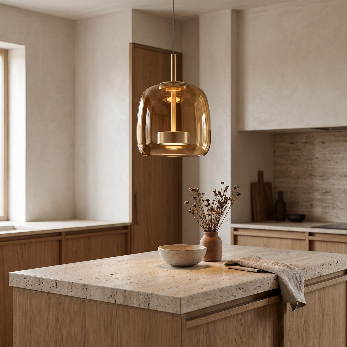 Kelda amber glass pendant light, 25cm bell, glowing over an oak and travertine kitchen island