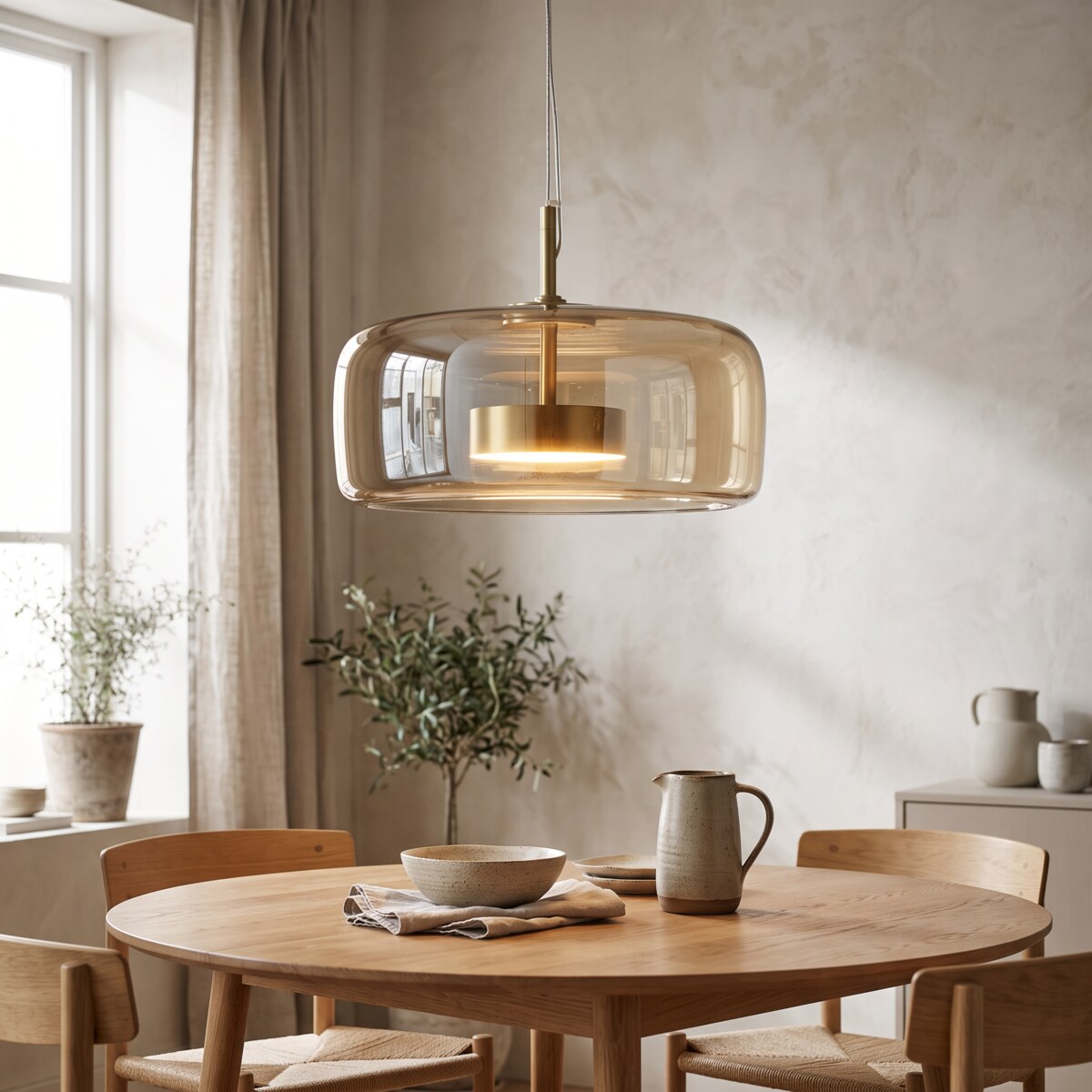 Kelda amber glass drum pendant light glowing over a round oak dining table