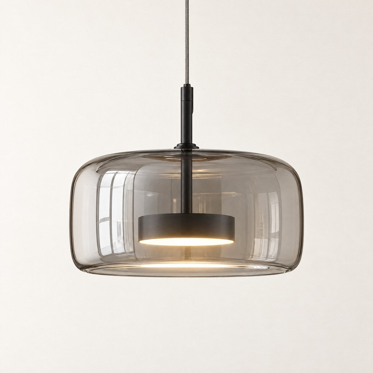 Kelda smoke grey glass drum pendant light, 35cm, with black LED disc