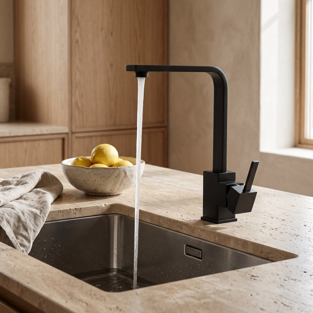 Lunaria matte black kitchen tap running into a sink on a travertine worktop