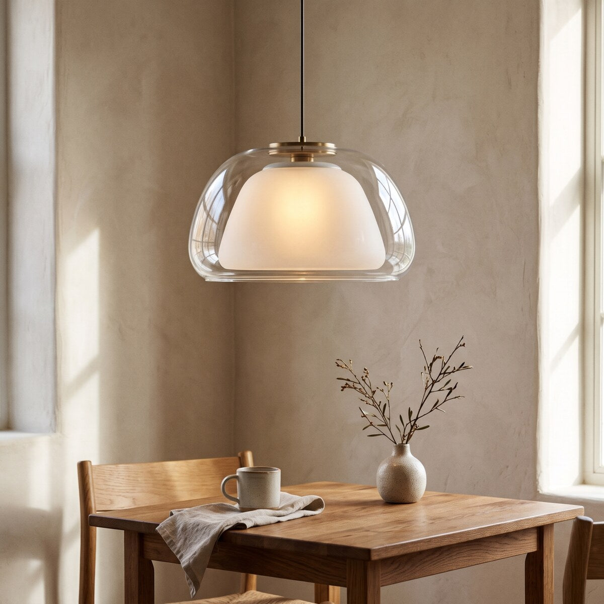 Nimbo double glass dome pendant light glowing over an oak breakfast table