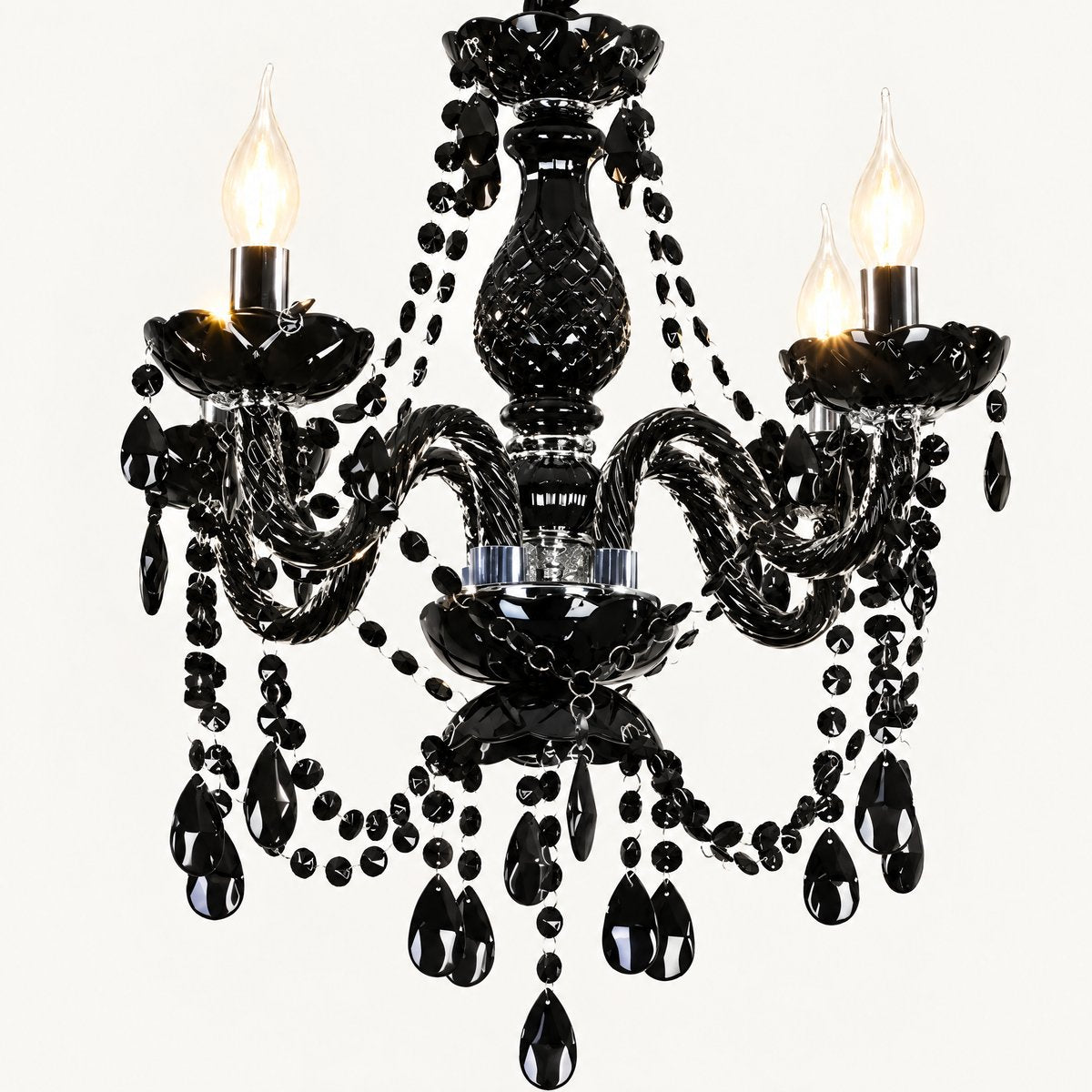 Noctis black crystal chandelier with candle bulbs and cascading black drops, lit