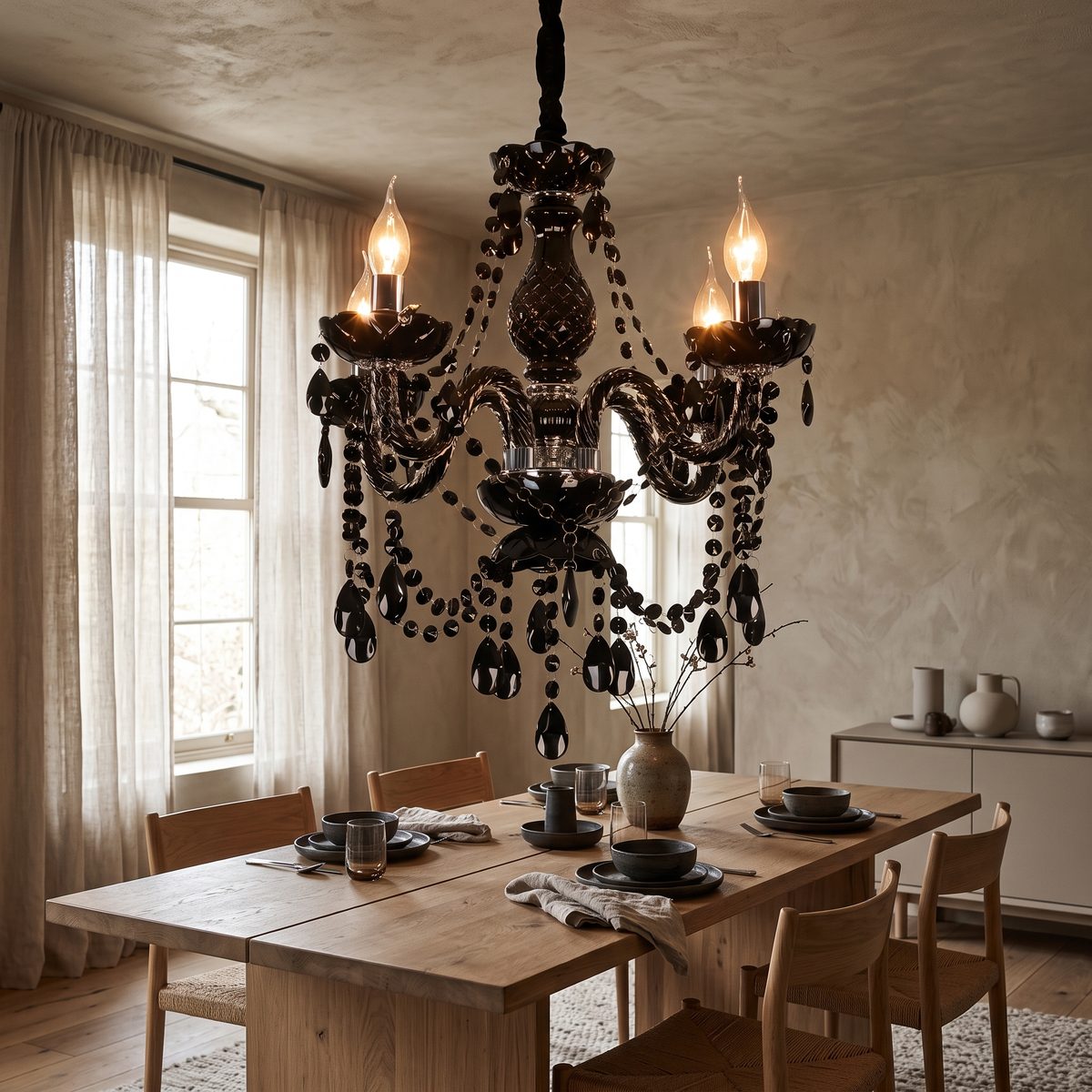 Noctis black crystal chandelier lit above an oak dining table