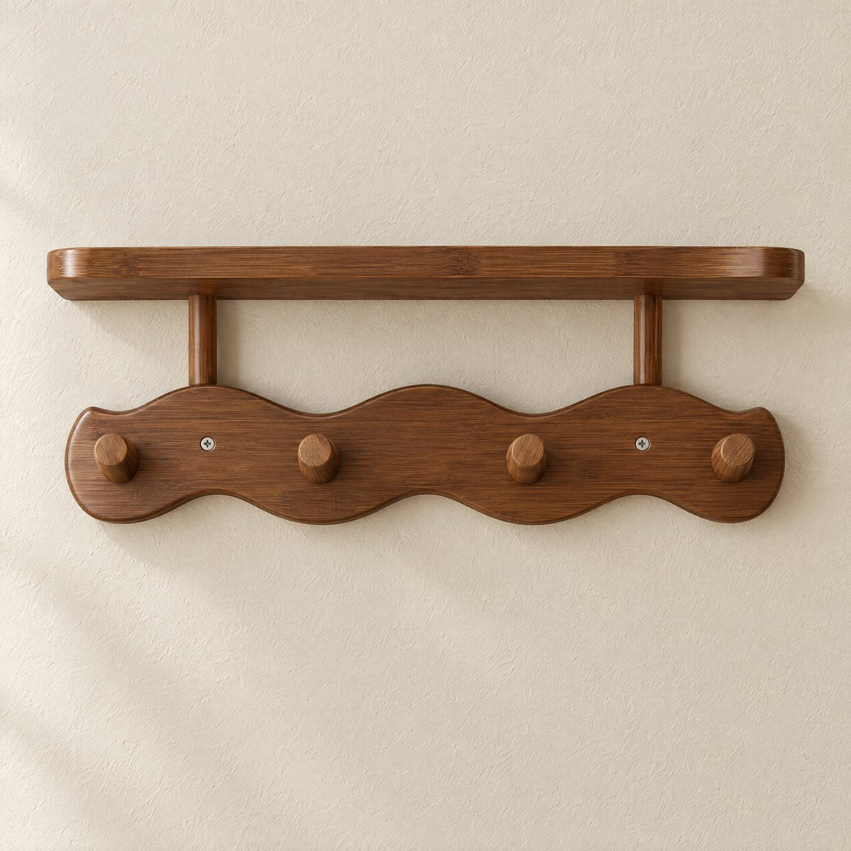 Onda wavy bamboo coat rack in brown with one shelf and 4 pegs