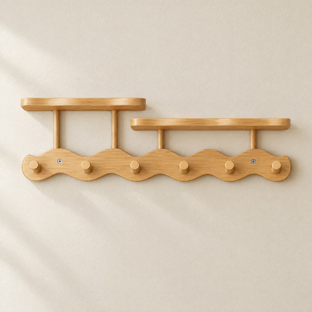 Onda wavy bamboo coat rack in oak with two shelves and 6 pegs